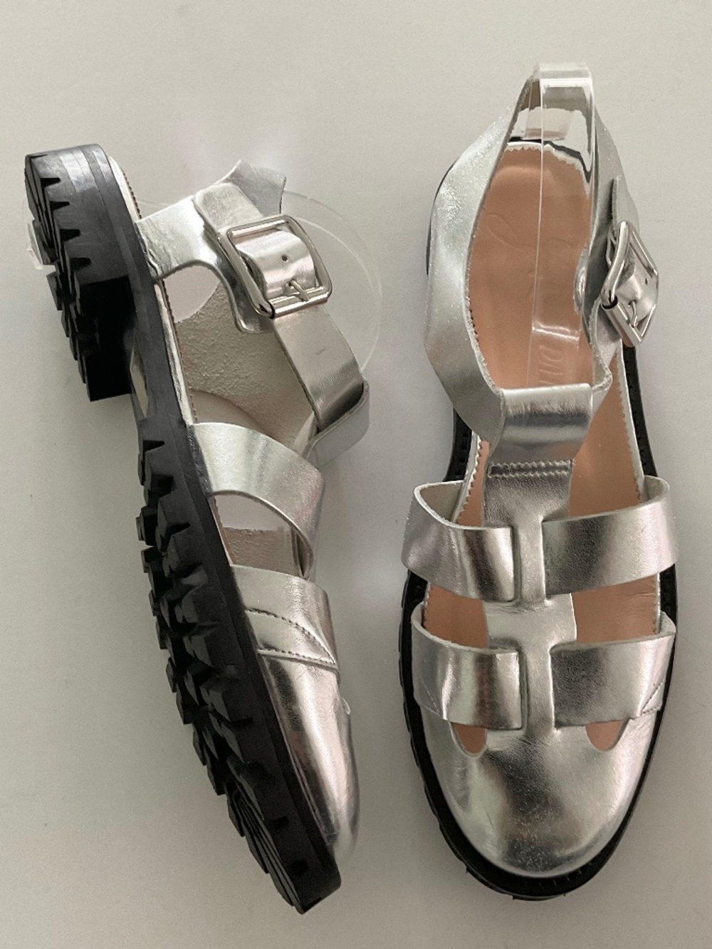 J CREW Fisherman Sandals Leather Metallic Silver Size 9.5